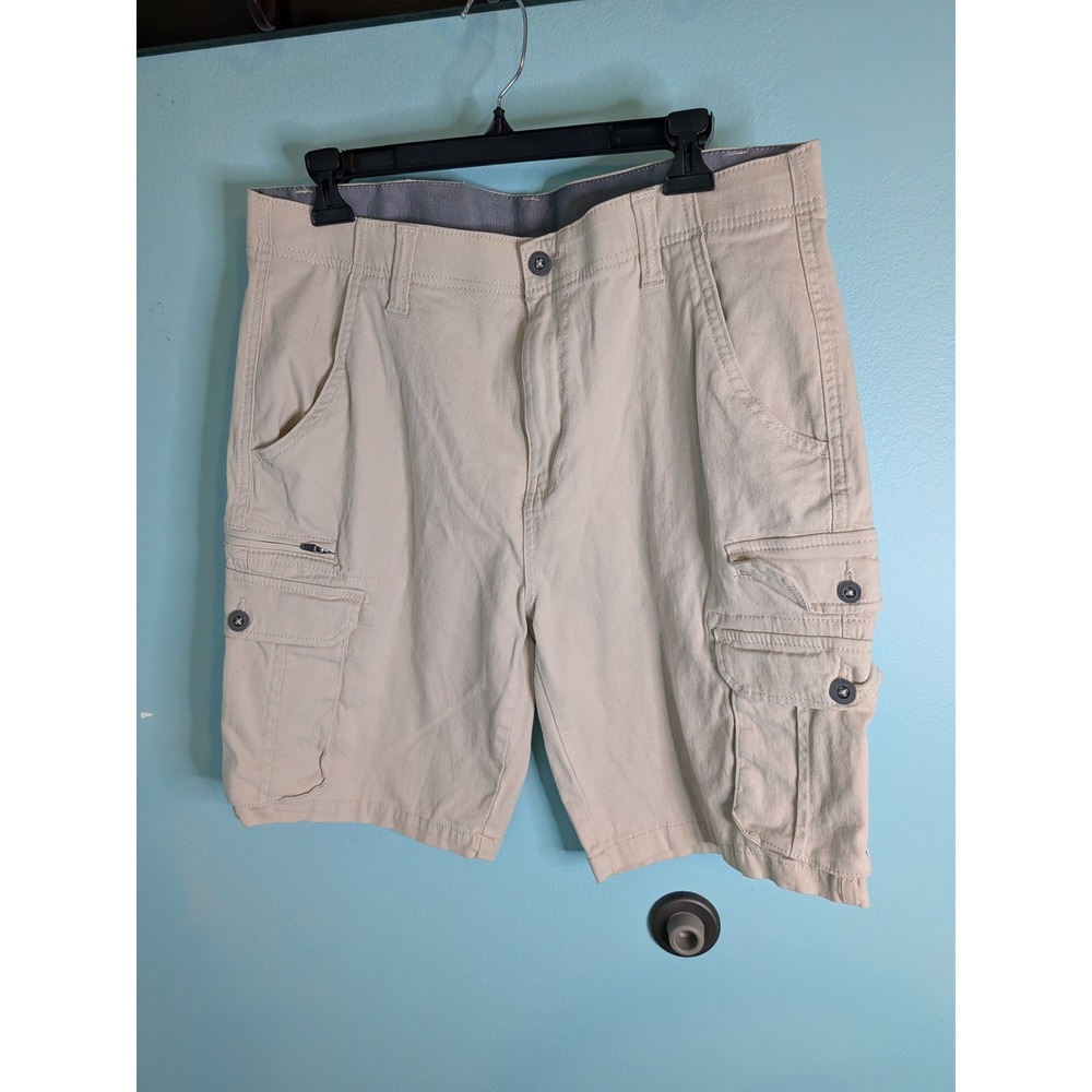 TRU Mens Cargo Shorts Tan Khaki Size 34 Stretch Cotton Utility Multi Pocket‎
